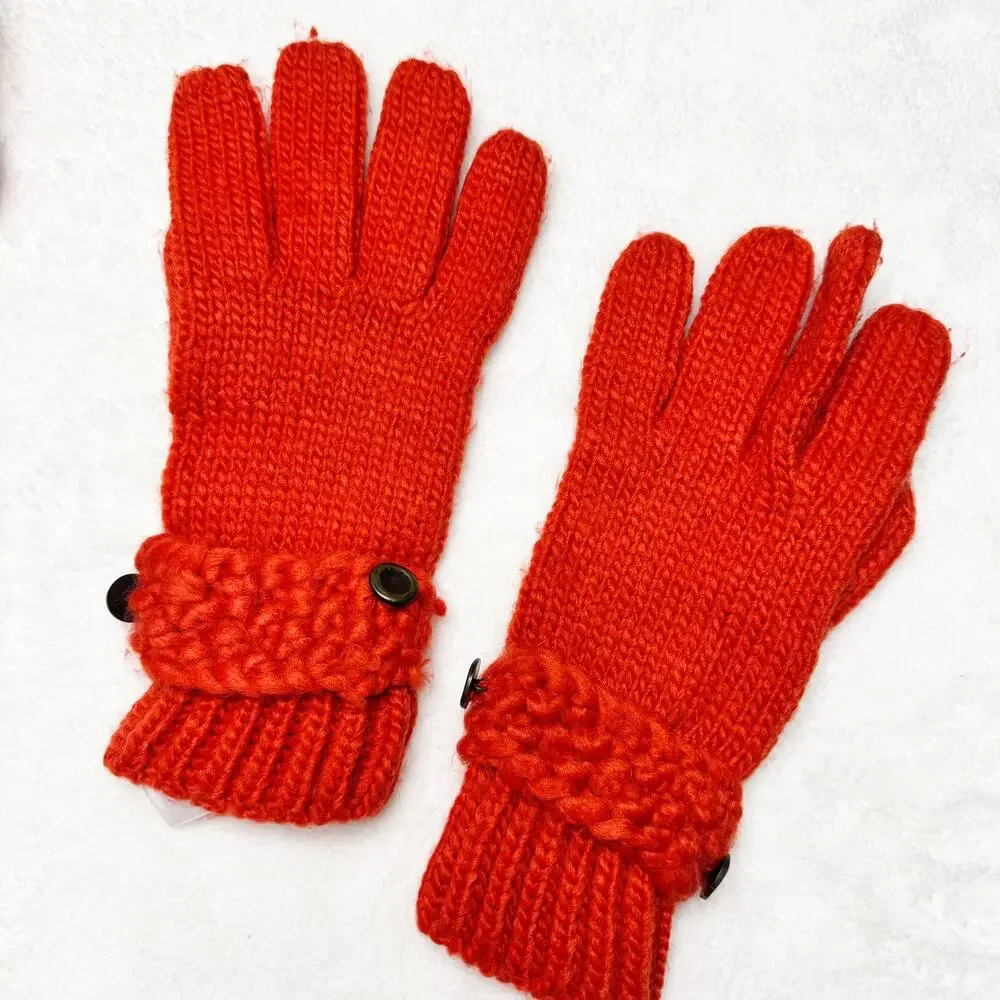 FOSSIL Orange Winter Knit Pom-pom Hat & Gloves Matching Cold Weather Set